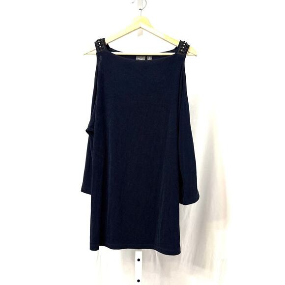 Chicos Travelers Tunic Top Large Size 2 Navy Blue Cold Shoulder - Picture 1 of 11